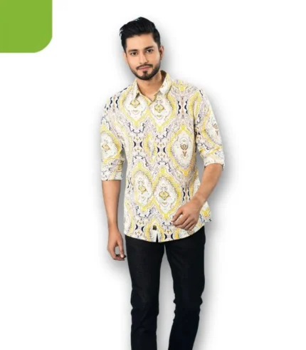 Mens Casual Shirt Whitw-Yellow